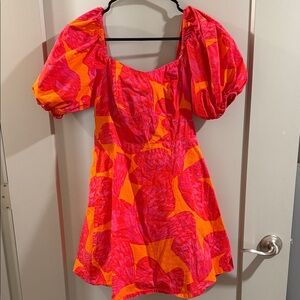 Bold Red and Orange Puff Sleeve Dress